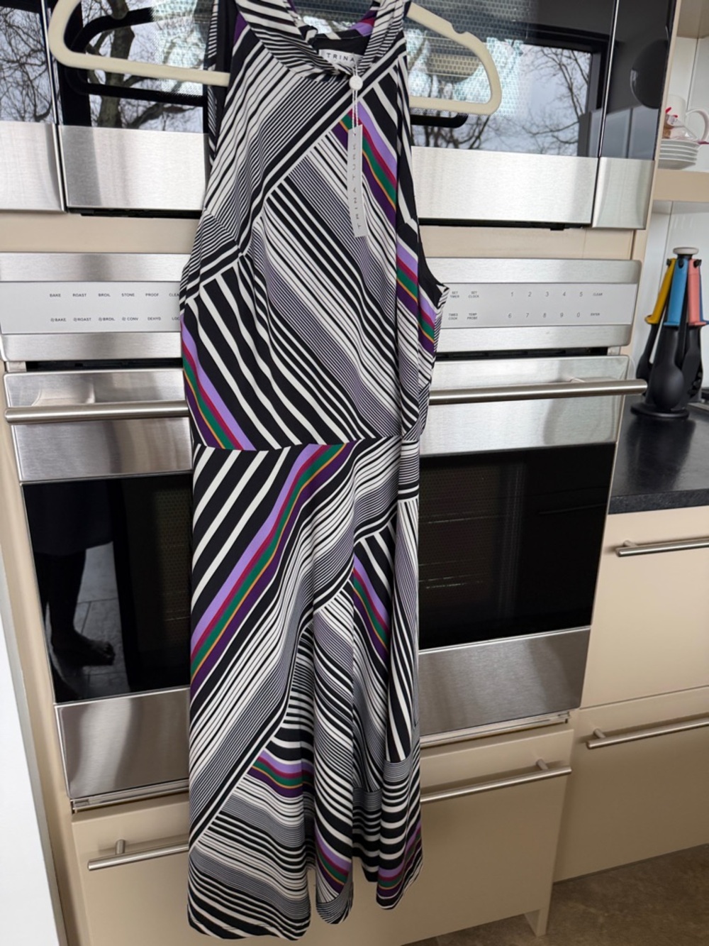 Trina Turk Black & White Striped Dress with Purple and Green Accents
